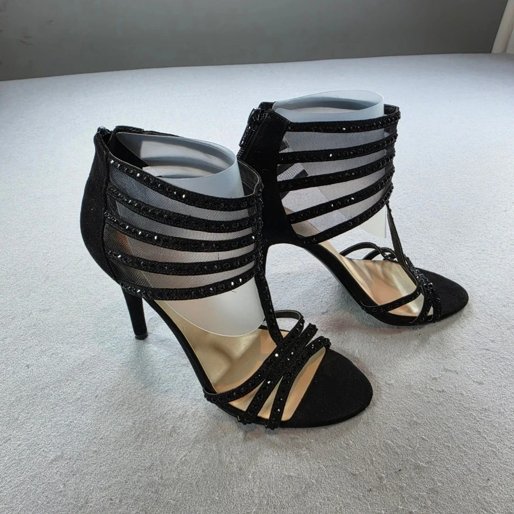 Nine West Black Rhinestone Mesh Cage Stiletto 6.5M Goth Glam Y2K Zip Party Heel